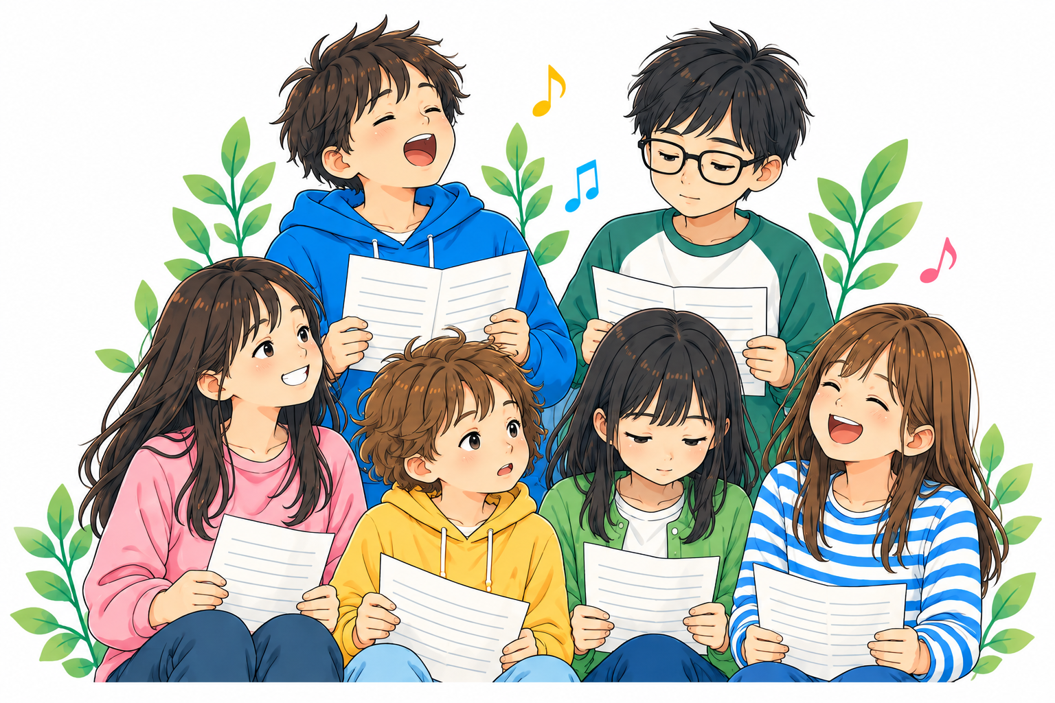 のびのび歌う子、楽譜をじっくり見る子。思い思いに歌を楽しむ６人の子どもたちのイラスト